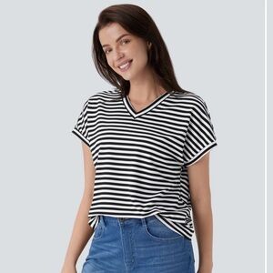 V Neck Stripe Waffle Relax Work Tee